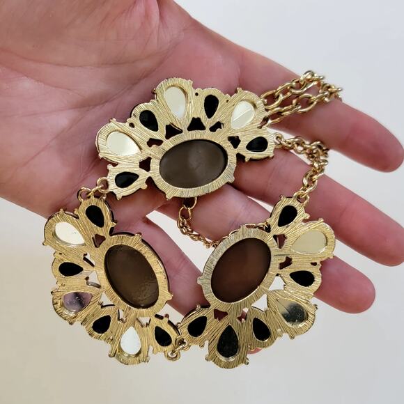 Vintage Gold Tone Necklace with Black Teardrop Accents and Faceted Brown Stones - Picture 7 of 10